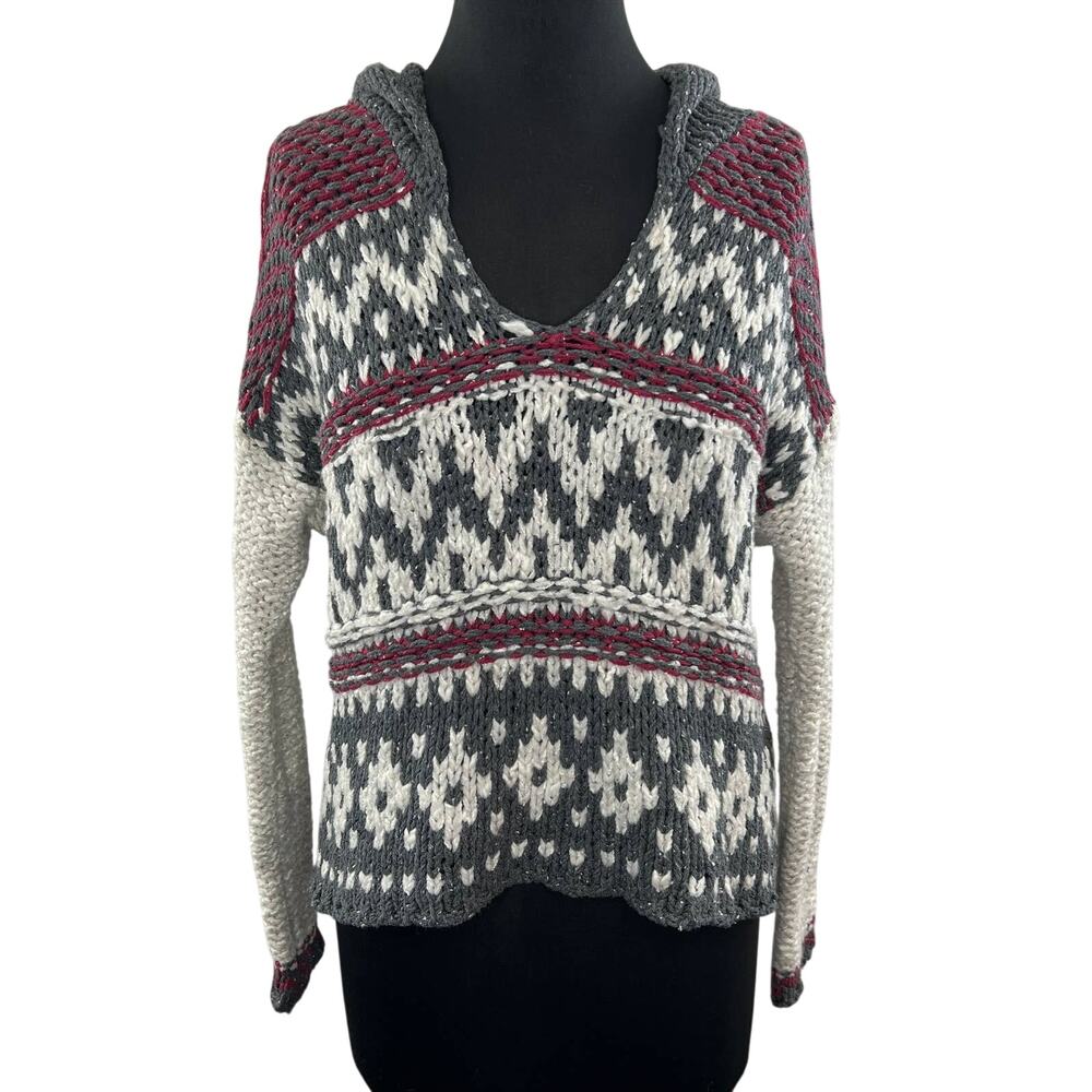 Free People White Gray Red Fair Isle Print V-Neck Knit Hooded Sweater M Medium